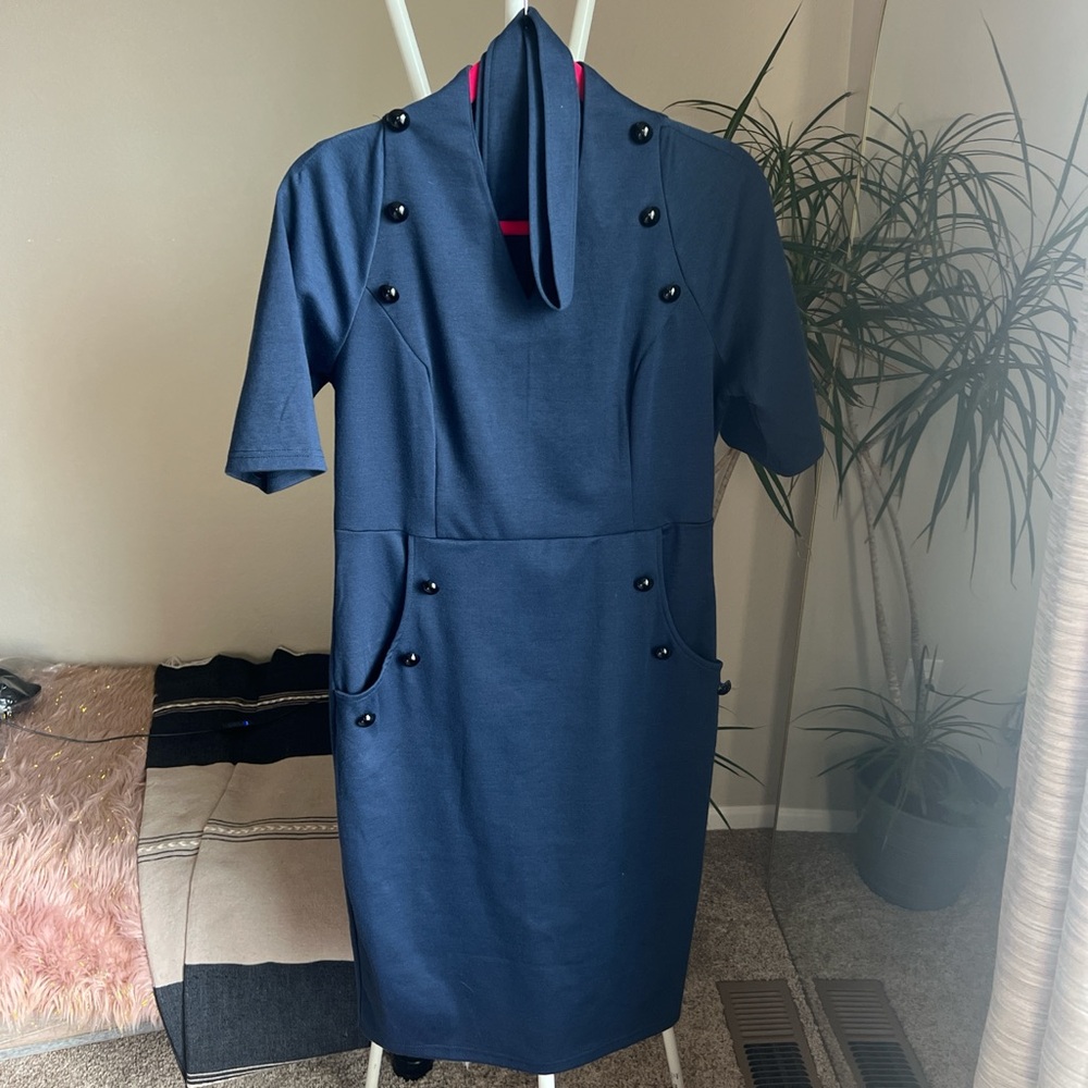 Grace Karin Classic Navy Midi Dress with Button Details